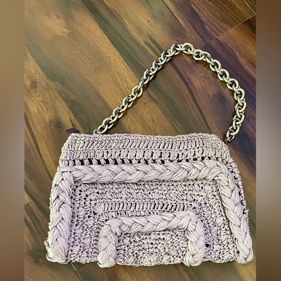 ZARA Lavender/Lilac Woven Straw Purse Silver Chain Shoulder Bag - Picture 9 of 12